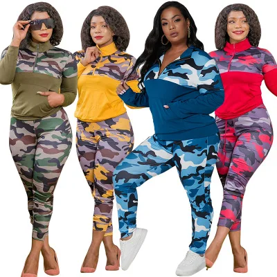 

2020 autumn hot models, manufacturers supply Amazon camouflage printing knitted fashion casual two-piece Large size women's suit