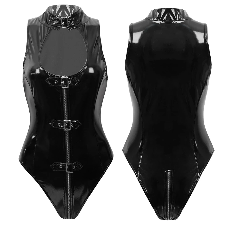 

Custom Women Mock Neck Leather Zipper Leotard Bodysuit Sexy Lingerie Catsuit