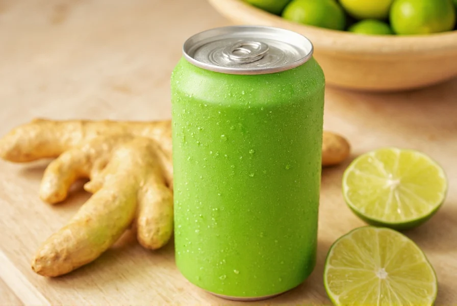 Close-up of Ginger Lime Poppi can showing condensation on the can with fresh ginger root and lime slices beside it
