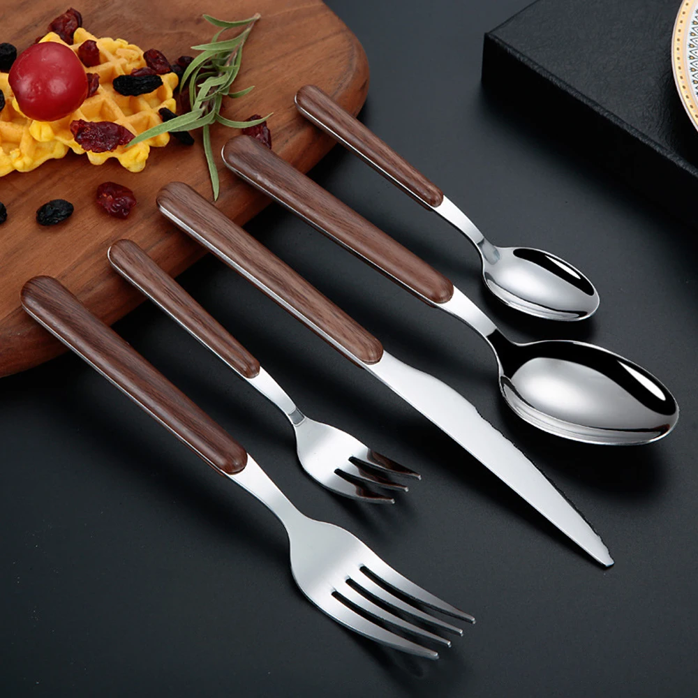 

5 Pcs Stainless Steel Easy To Carry Commercial Custom Flatware Set Logo, Dark wood grain