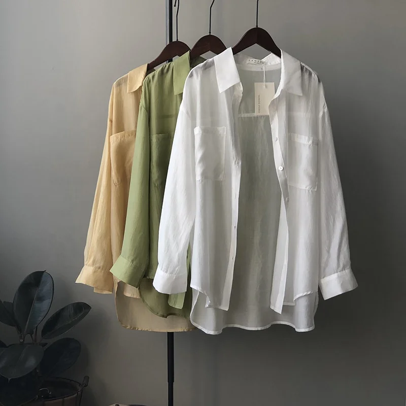 

B24552A New women shirt Korean loose solid color long sleeve sunscreen shirt, Yellow, white, green