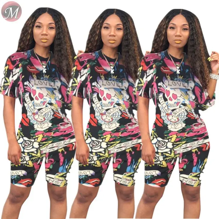 9070607 queenmoen summer fashion streetwear casual skull printed woman clothing shorts two piece set