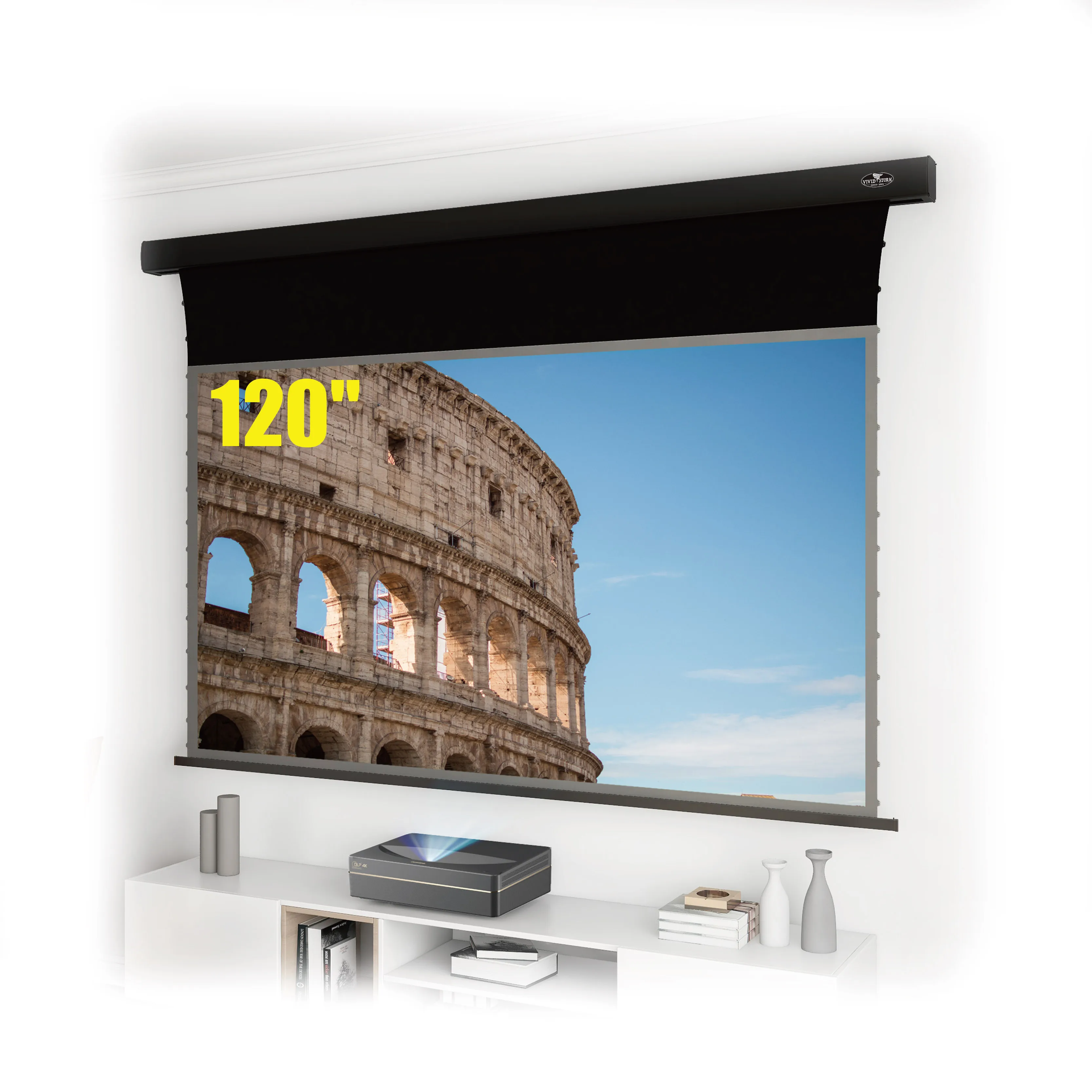 

VIVIDSTORM 2 set PRO Slimline 120 inch Drop Down screen electric wall/ceiling mounting UHD/4K PET Crystal ALR HD ALR home cinema