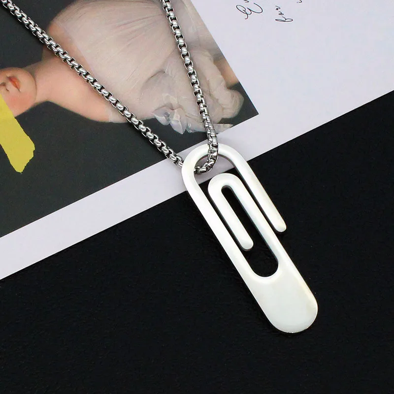 

2022 New Arrival Punk Men Accessories Hip Hop Stainless Steel Mirror Polished Paper clip Pendant Necklace 24" Round Box Chain, Silver(steel)