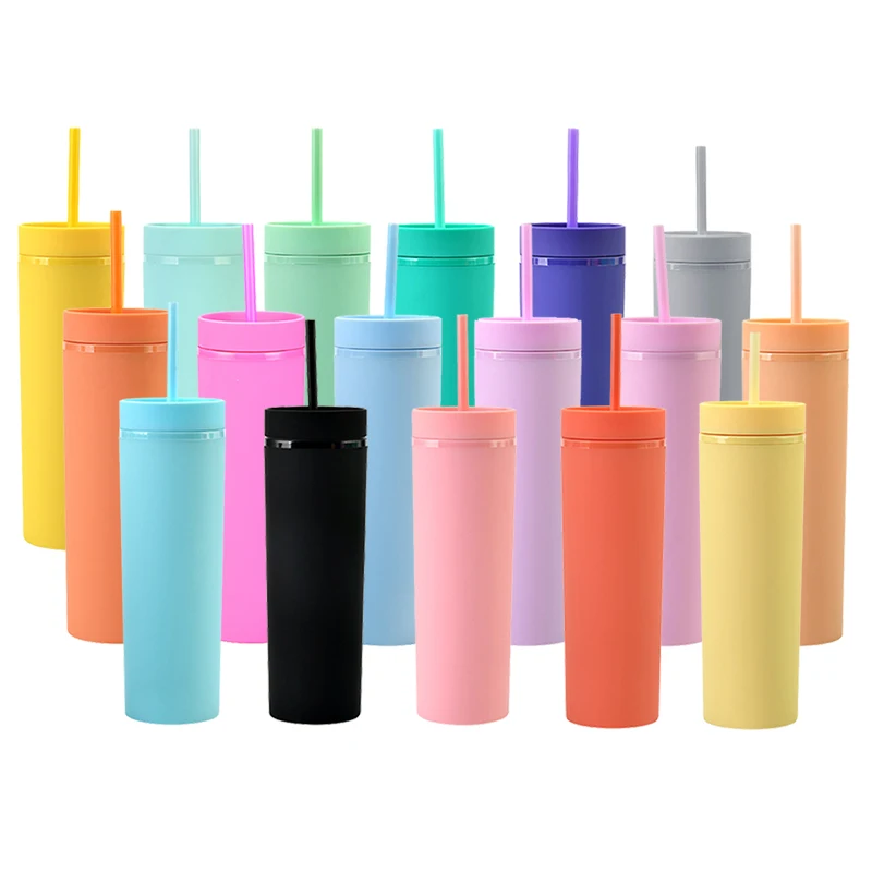 

16oz 16 oz Matte Pastel Colored Dual Double Wall Skinny Acrylic Plastic Coffee Wine Cups Reusable Straw Tumblers With Black Lid, Customized color