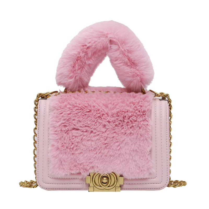 

Winter fluffy luxury fashion purses fur handbags ladies plush tote portable small square bag chain crossbody woman handbag