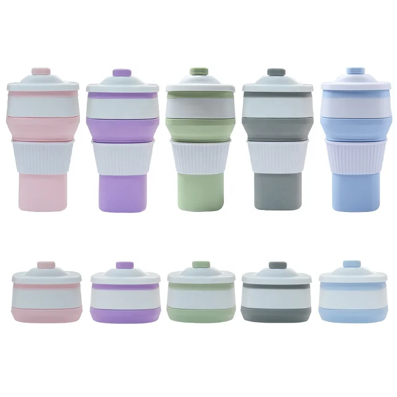 

Hot Sale Manufacture BPA Free Drinking Custom Logo Travel Silicone Folding Collapsible Coffee Cup, Green, grey, blue, pink, purple