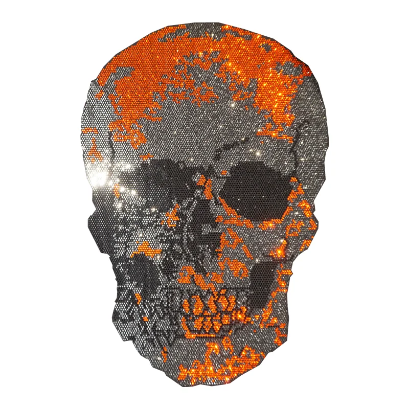 

Orange skull rhinestone iron on 3D logo heat transfer for clothes