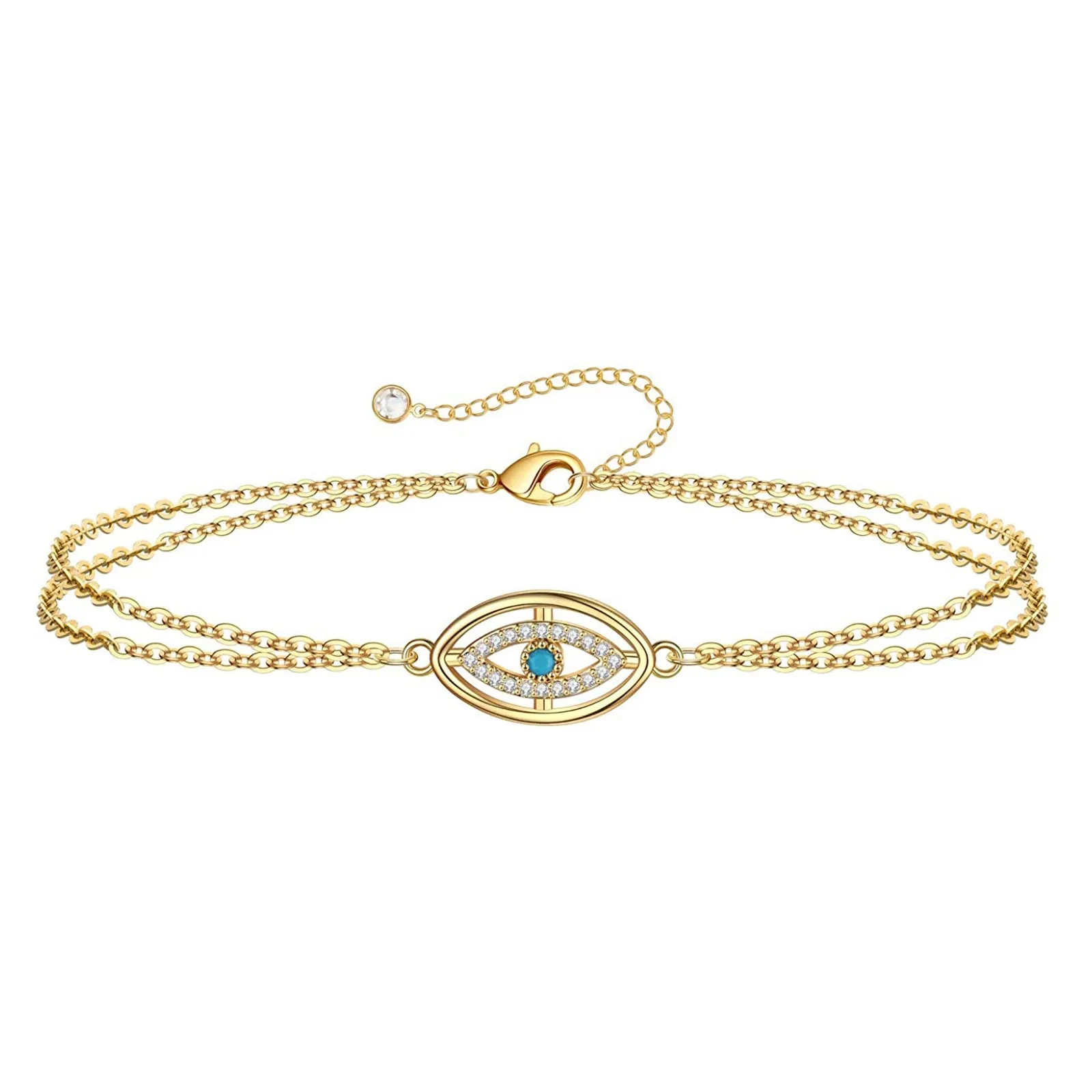 

Dainty 14K Gold Plated Adjustable Layered Bracelet Eye Oval Chain Pearl Bar Turtle Bracelet for Women
