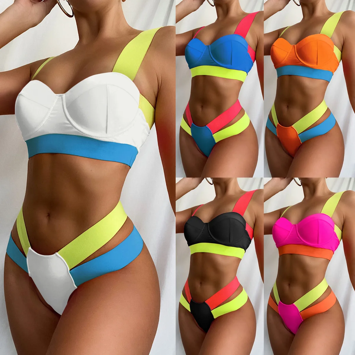 

2022 Summer Fashion High Waist Swimwear Women Bandage Bikini Set Patchwork Tube Top Swimsuit