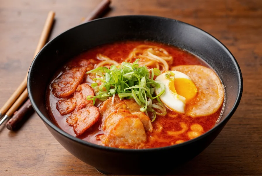 Authentic chili ramen bowl with red broth, soft-boiled egg, sliced pork, and green onions on wooden table