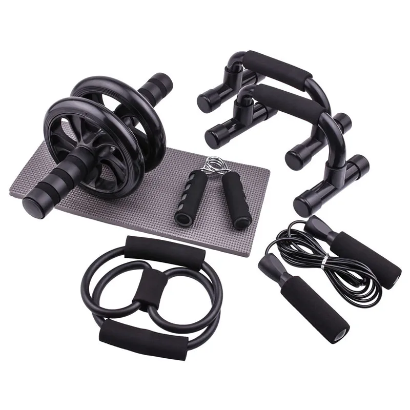 

Wholesales Healthy Abdominal Wheel Set Exercise Abdominal Roller Push Up Bracket And Rope Skipping Abdominal Wheel Set, Black