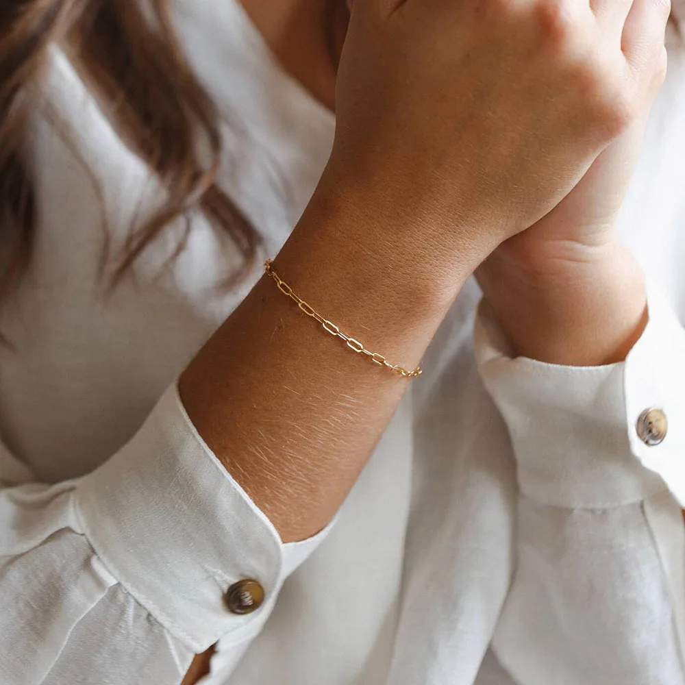EManco Dainty Paperclip Adjustable Link Chain Bracelet 14K Gold Plated Stainless Steel Jewelry