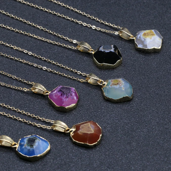 

High Quality Rhombus shape Agate pendant gold plated Agatestone charms drusy jewelry pendant