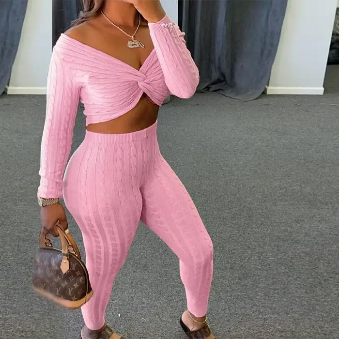 

beige two piece sweater pants set casual off the shoulder twisted crop top fall 2 piece women clothing sweater set