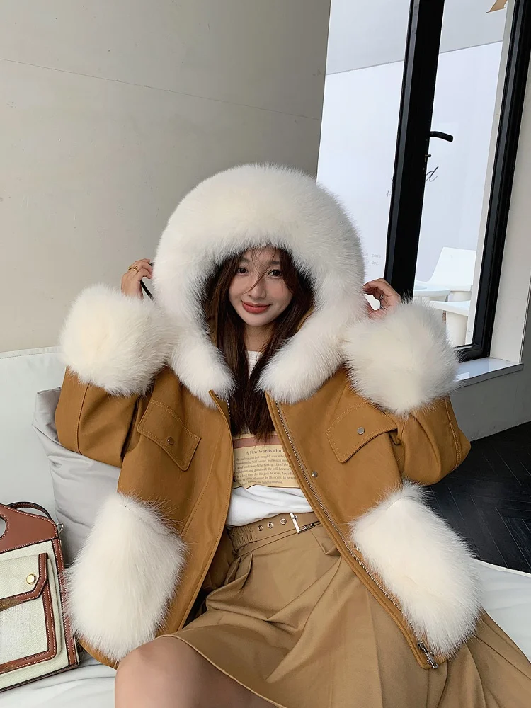 

OFTBUY 2021 New Short Winter Jacket Women Coat Real Sheepskin Splicing Natural Fox Fur Hooded Warm Outerwear Fashion Streetwear