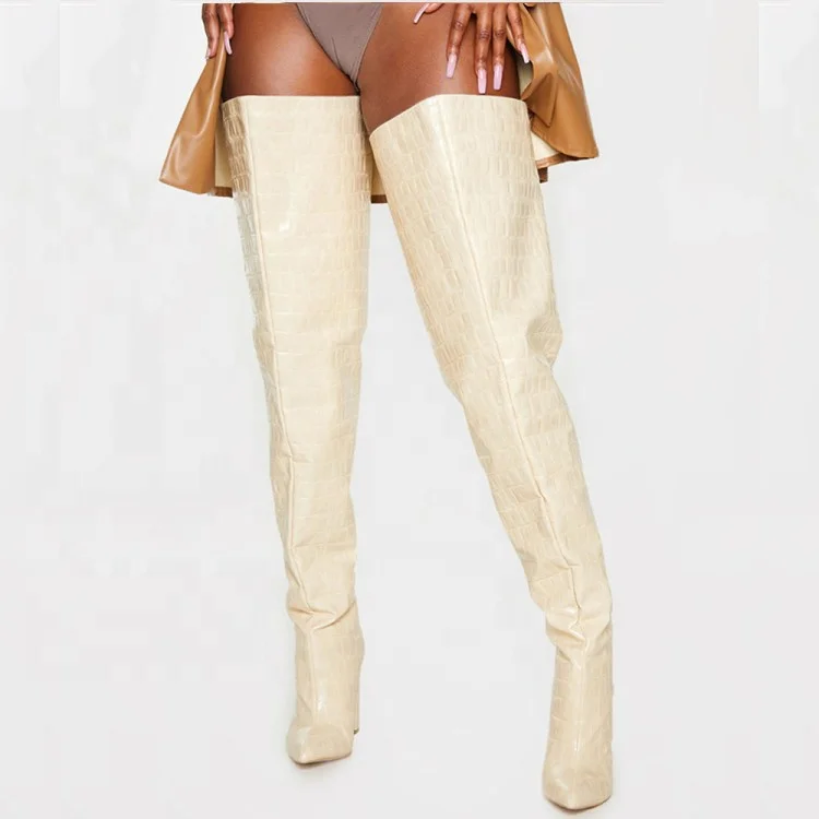 

Fashionable Super Tall Women Boots Pointed Toe Chunky Heel Crocodile Print Sexy Winter Over the Knee High Boots Plus Size 43, Black,beige