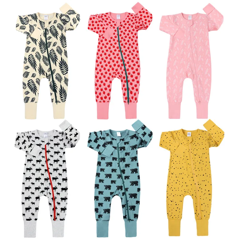 

Hot sale Double zippers organic cotton baby clothing organic cotton baby clothing zipper baby footed romper with mittens, Many colors for you to choose