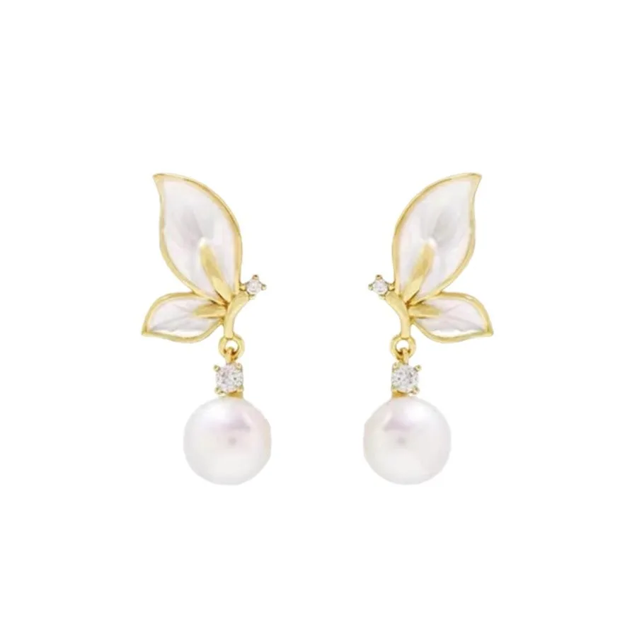 Women's New S925 Silver Needle Freshwater Pearl Earrings with Zircon Pendant Butterfly Shape Made of Brass for Parties