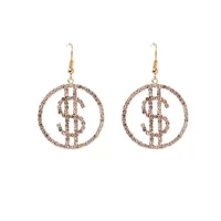 

America Style 18K Gold Full Rhinestone 5cm Big Round Hook Earrings Crystal US Dollar Sign Earrings