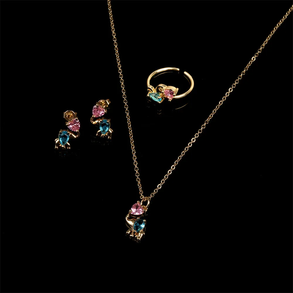 

Animal Pink Blue Zircon Elephant Jewelry Set Crystal Elephant Earrings Necklace Rings Set For Girls