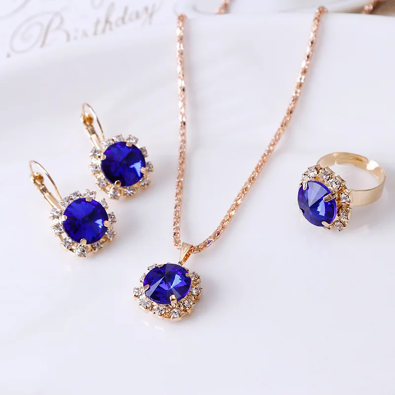 

Luxury Fashion Women Ladies Wedding Bridal Jewelry Set Gold Plated 3 Pieces Round Crystal Necklace Earrings Ring Sets