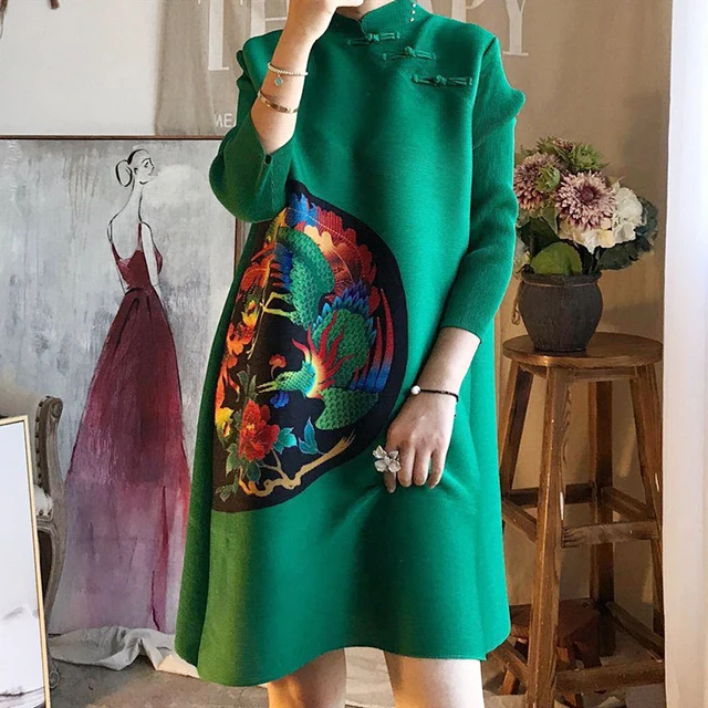 

2021 New Summer Modest  Pleated Dress Women Print Mandarin Collar Full Sleeve Long Length Plus Size Pleats Casual Dress, As shown