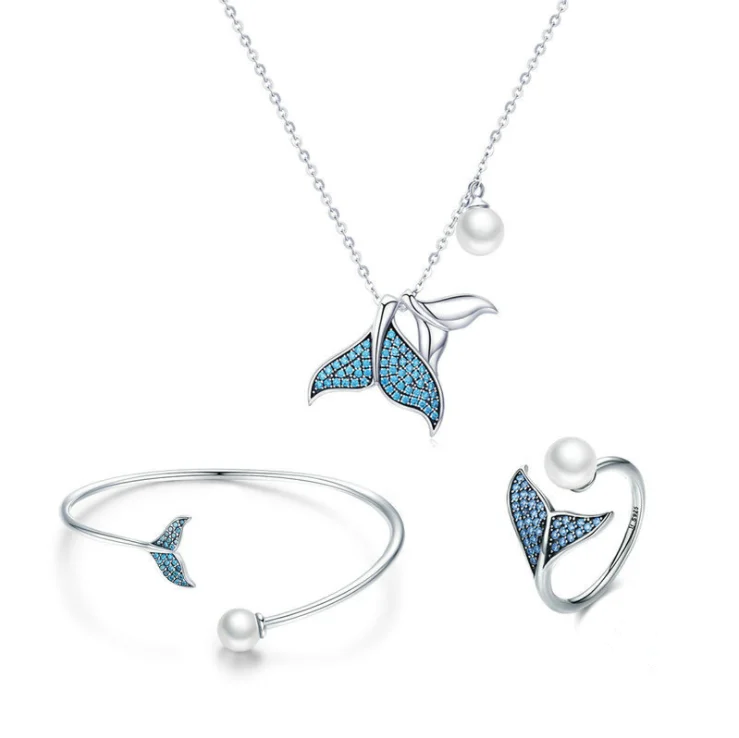 Wholesale High Quality Cubic Zirconia Jewellery Fish Tail Shape Costume 925 Sterling Silver Women Jewelry Set