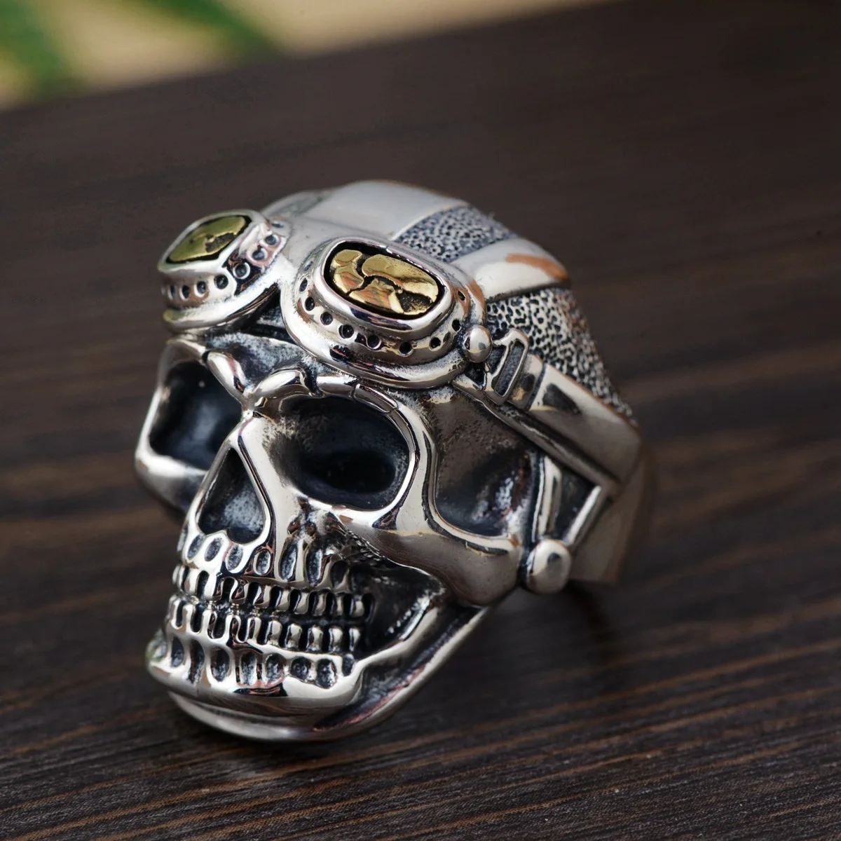 

Personalized Biker Rings For Men Genuine 925 Sterling Silver Skull Head With Pilot Glass Mens Rings Resizable Vintage Punk