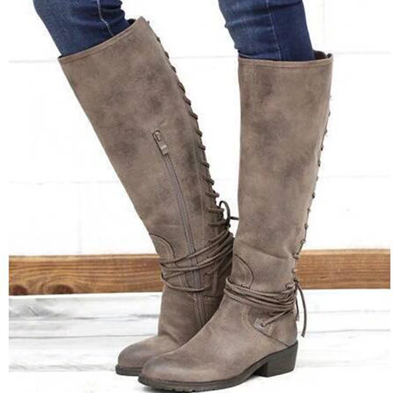 

Amazon Fashion Roman Boots Motorcycle Boots for Women Back Lace-up Low Heels Large Size Vintage Lady Knee High Boots, Black,brown,grey