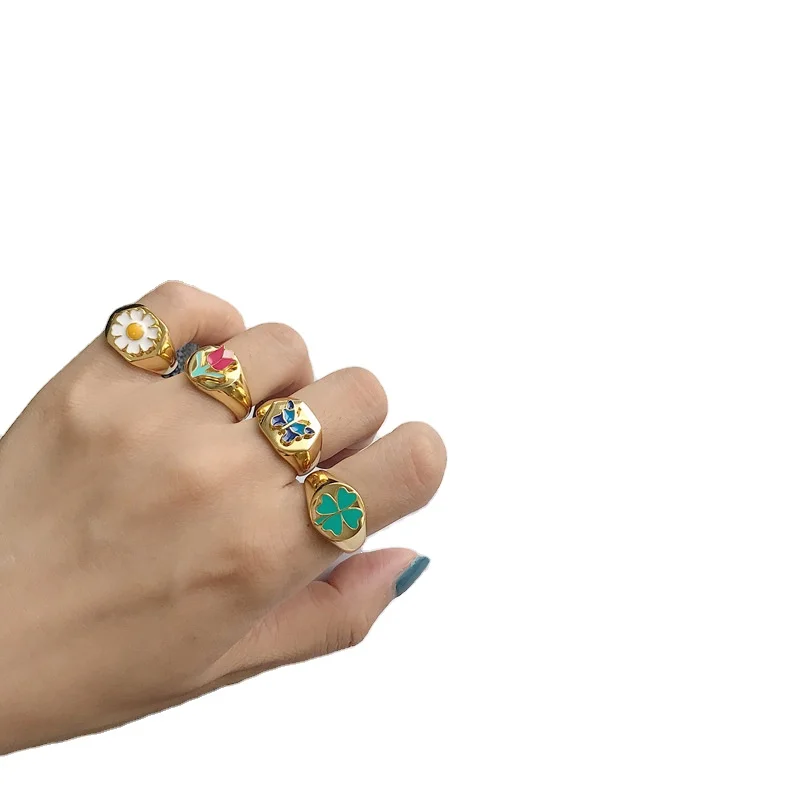 

S925 silver temperament, fashionable and colorful drip-glazed four-leaf clover personality open ring