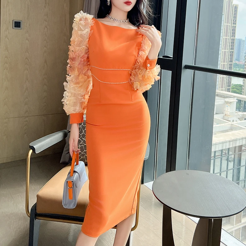 

ZYHT 10864 2024 New Dresses Women Girls Fashion 3D Puff Sleeve Evening Elegant Midi Orange Party Dresses For Women