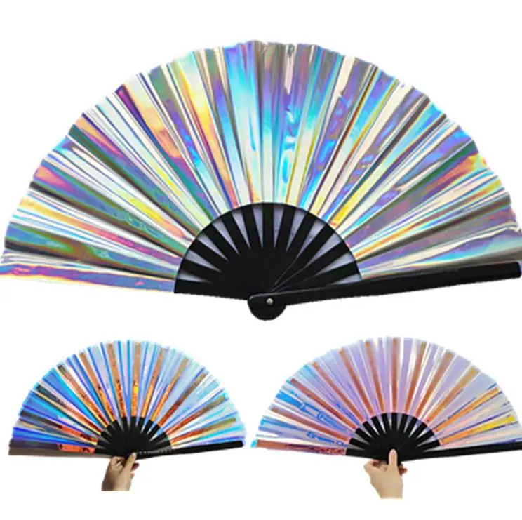 

Custom 33cm bamboo crafts custom printed large folding rave fans fholographic hand held festival wedding party clack fan