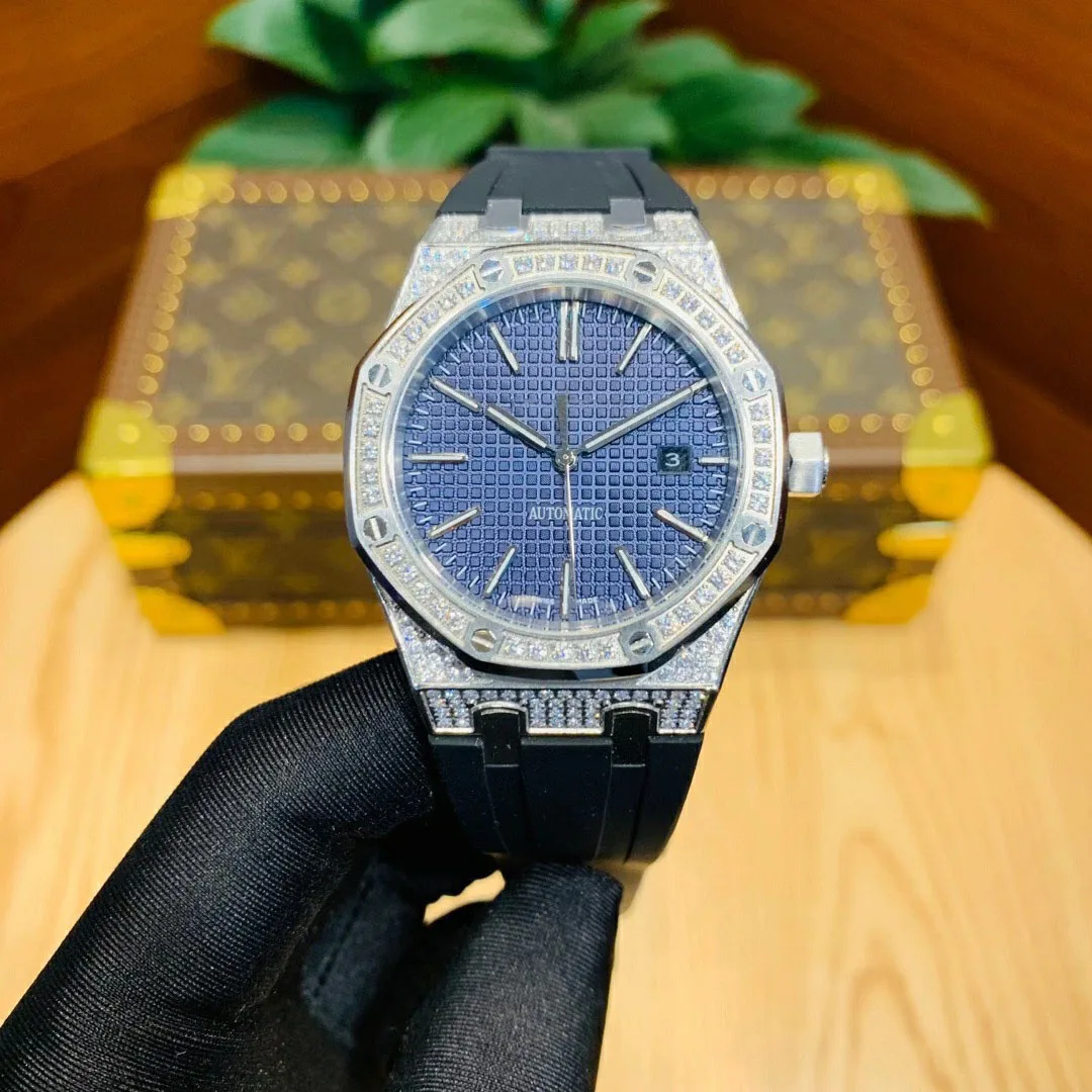 

Oak diamond case blue grid dial clear fashion see-through back automatic mechanical luxury brand watch