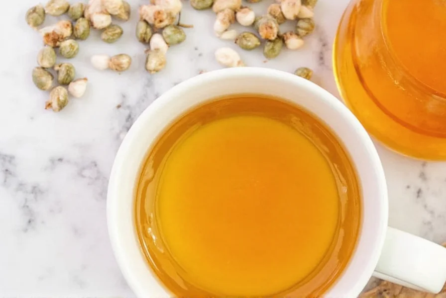 Golden turmeric ginger tea in a ceramic mug with fresh ingredients nearby