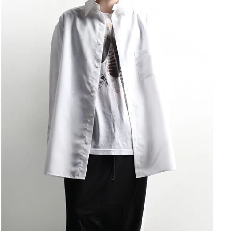

Korean long sleeve trendy men's shirt medium length split open air shirt long personality stylist night shop ruffian handsome