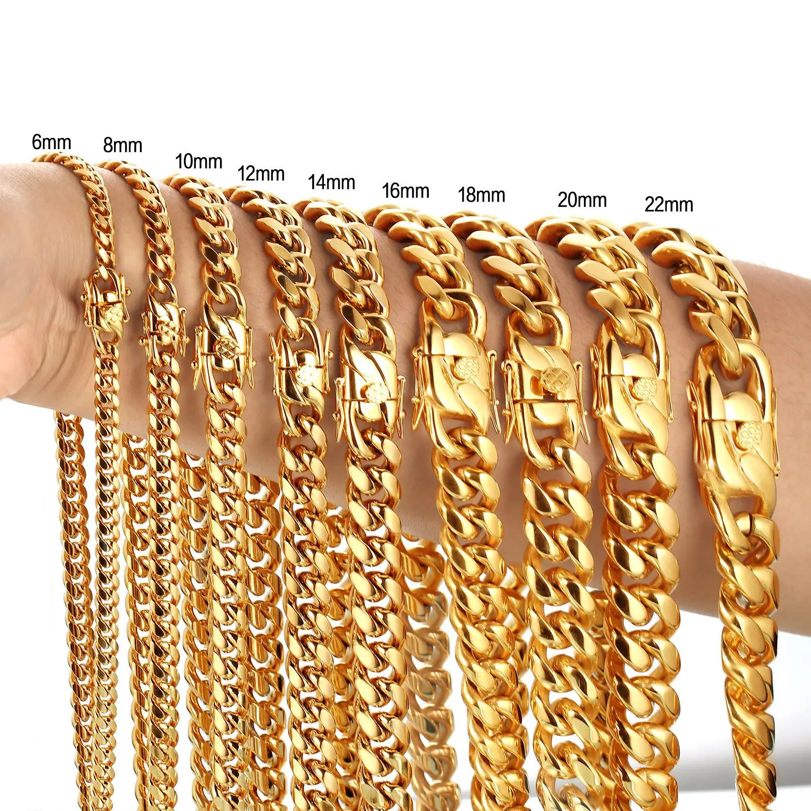 

Hip Hop Multi Size Mens Gold Chain PVD 14k 18K Gold Plated Stainless Steel Miami Cuban Link Chain Necklace, Picture