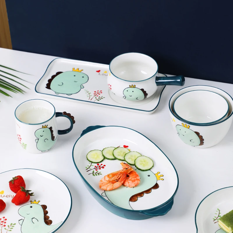 

Household dinosaur cartoon bowls and saucers cups restaurant ceramic meal plates children's cute tableware set