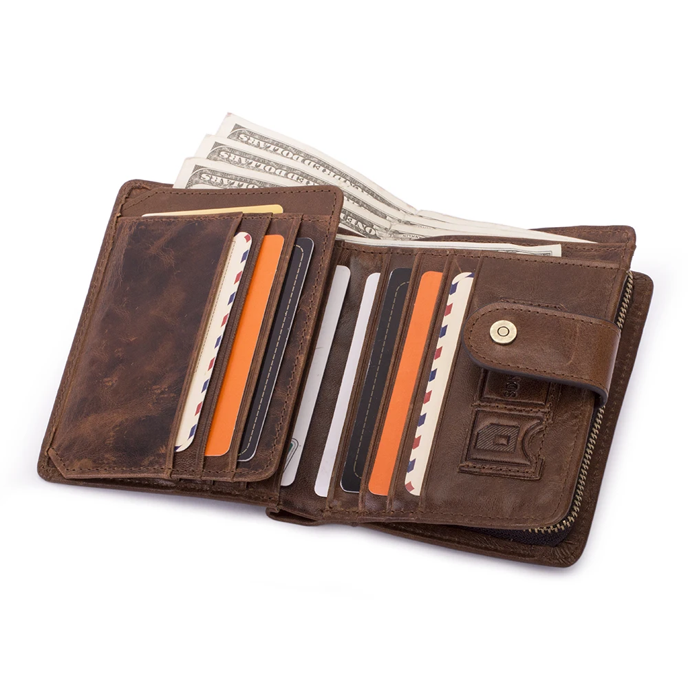 

RFID Blocking Gents Wallet China Supplier Cow Leather Zipper Mulit Card Slot Large Capacity Genuine Leather Wallets for Men, Brown