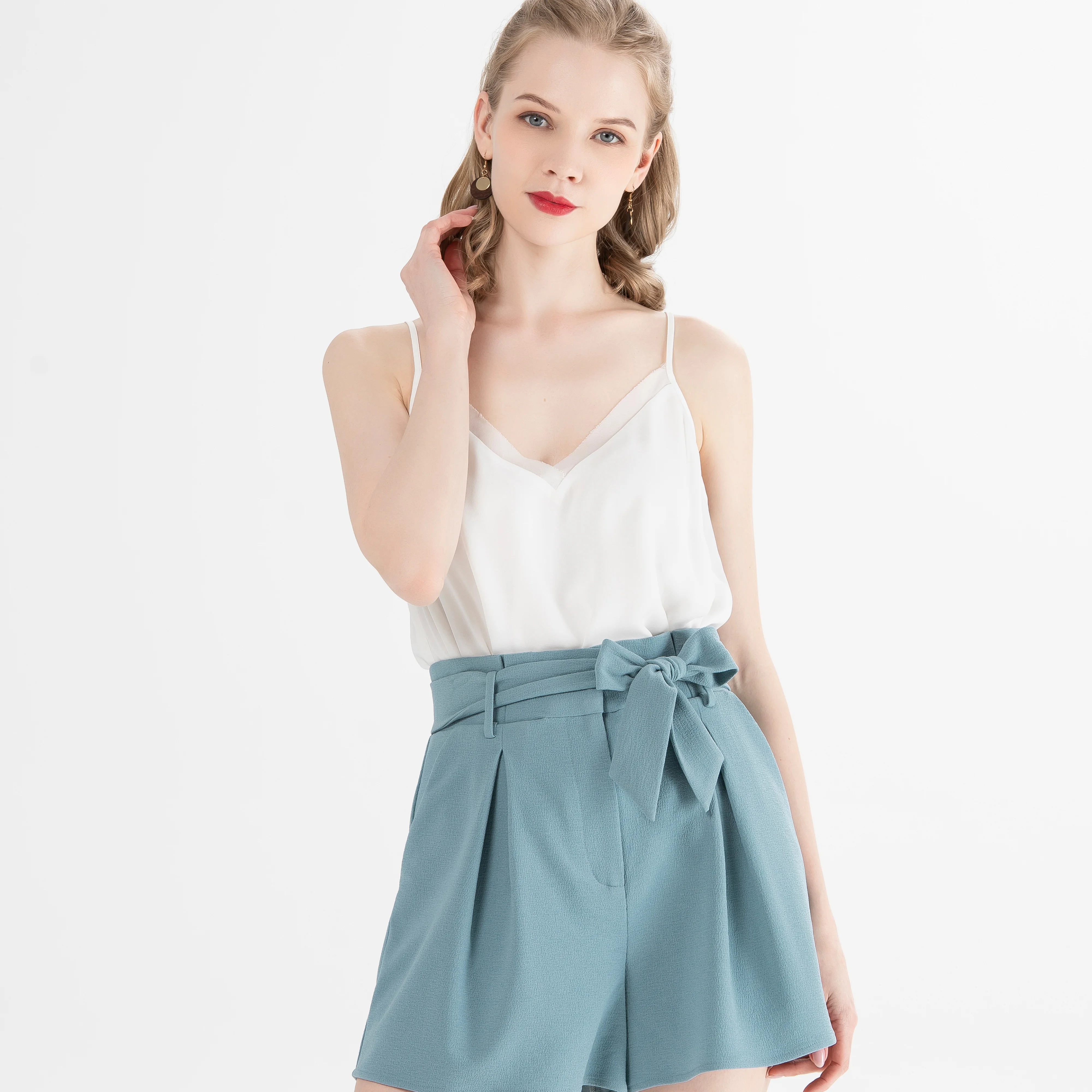 

2021 Summer Casual Solid Color Polyester Ladies Sweat Custom Shorts with Bow for Women