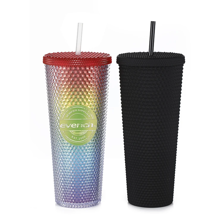

2021 Popular Matte Studded Durian Cup Plastic Studded Grid Coffee Tumbler Cups with Lid and Straw, Customized color acceptable