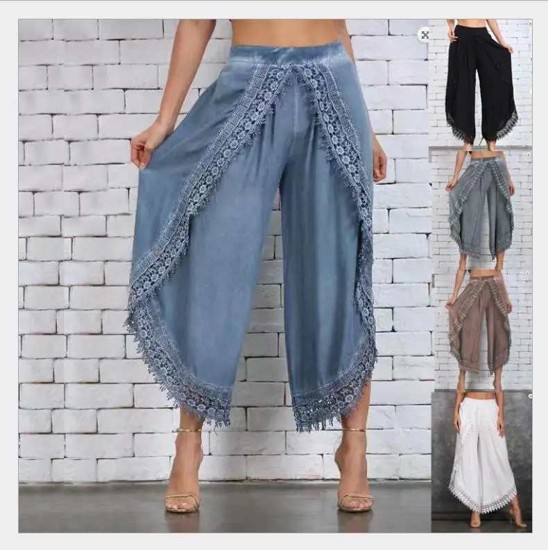 

BR715 Capris Trousers Hippie Boho Lace Trim Tie-dye Losse lounge wide legged pants women