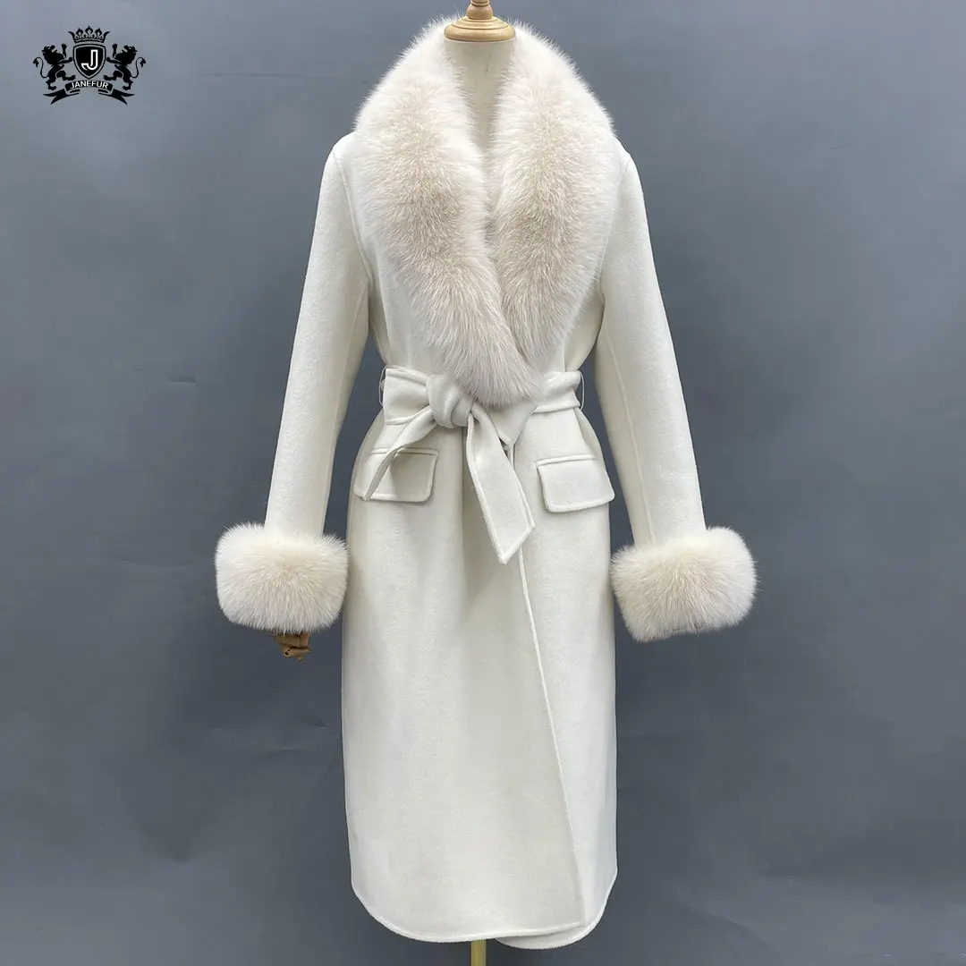 

White Real Cashmere Coats Fox Fur Collar Jacket Winter Genuine Wool Coat For Women With Belt, Customized color