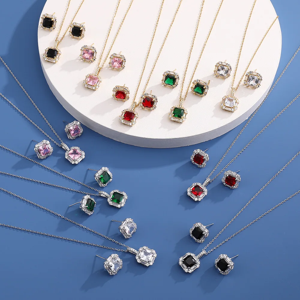 

Hot Selling Cubic Zirconia CZ Necklace Earrings Square Gemstone Crystal Necklaces And Earrings Women Jewelry Set