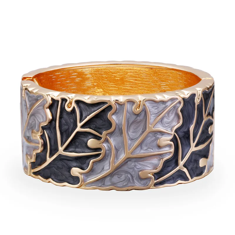 

Fashion Show Colorful Oil Zinc Alloy Women Leaves Wide Bangle Bracelet Jewelry Accessories, Gold