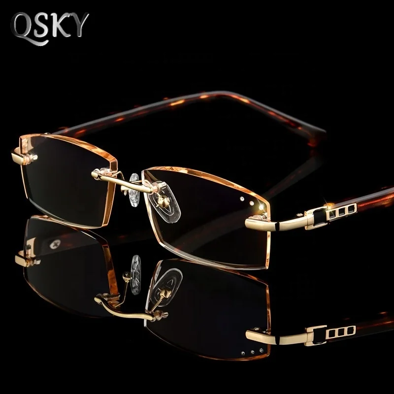 

High quality acetate Metal optical frames men computer glasses frameless cutting progressive anti blue light glasses with hinges