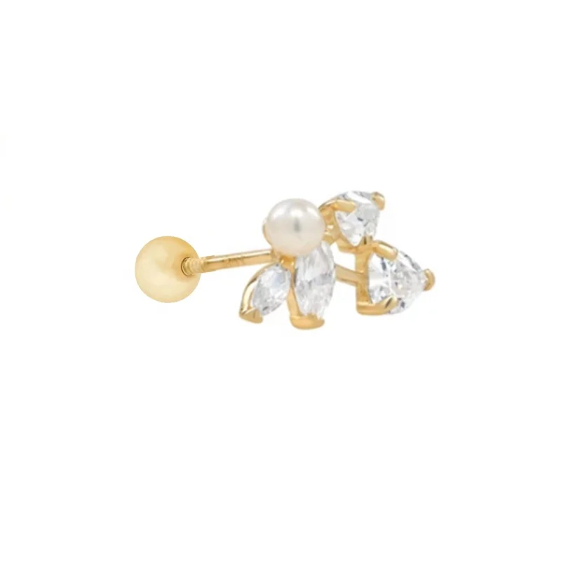 

Dainty minimalist pearls diamonds grape-shaped S925 silver piercing stud earrings, Gold/white