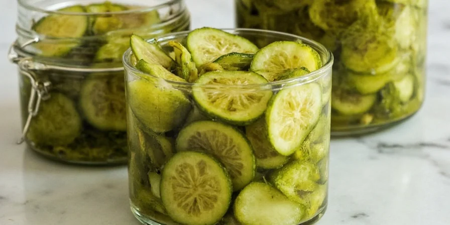 Close-up view of fresh cucumbers and spices packed into a mason jar