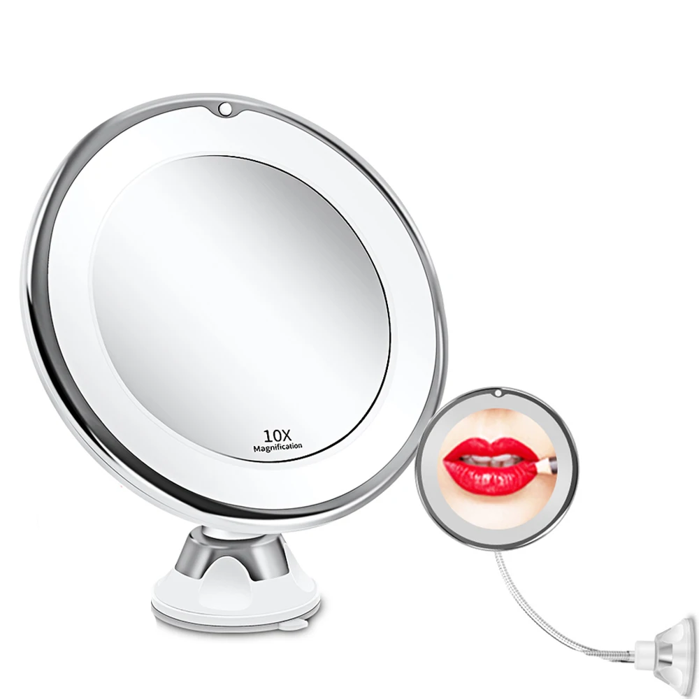 

360 Rotation Suction Cup 10 Magnifying Makeup LED Mirrors with LED Lights, White