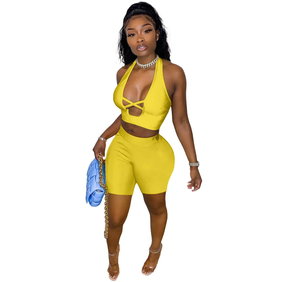 

Hot Sale Ladies Outfit Solid Color Bodycon Casual Sport Women Hollow Out Two Piece Biker Short Set, Picture